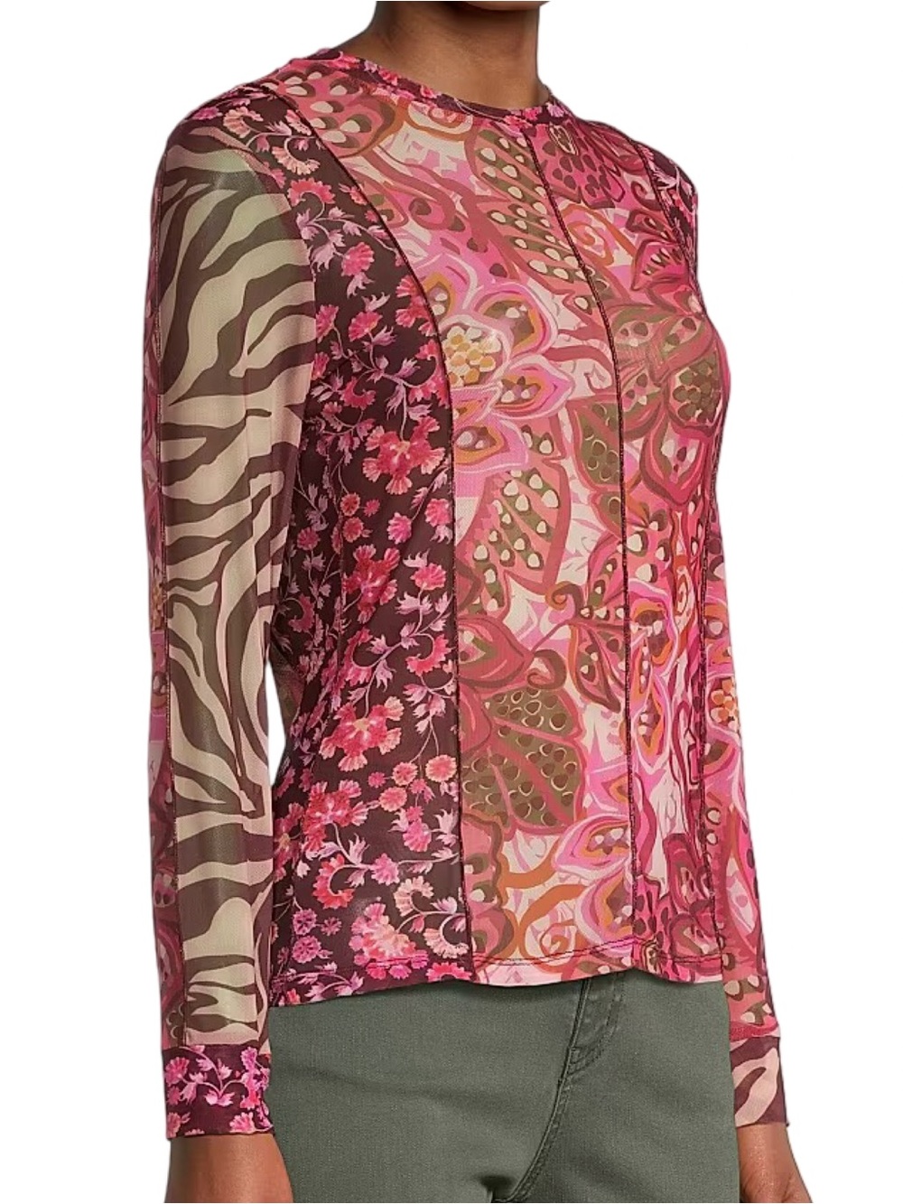 Johnny Was Women’s Size S Pink Brown Mixed Print Mesh Agatha Long Sleeve Blouse